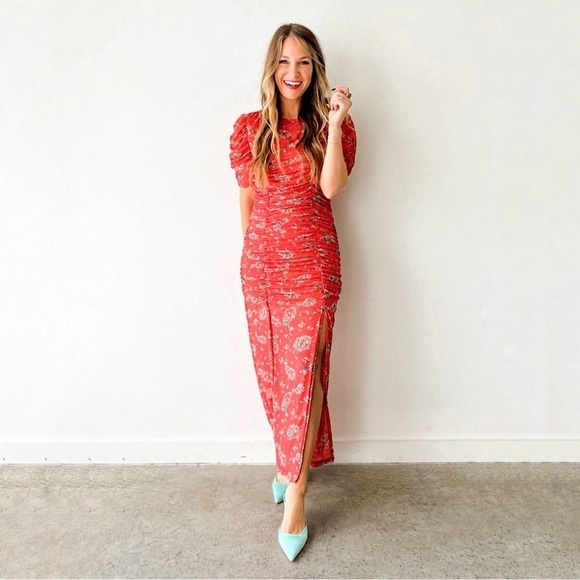 NWT Free People Briella Ruched Floral Midi Dress Bloom Combo Red XL - Picture 4 of 16